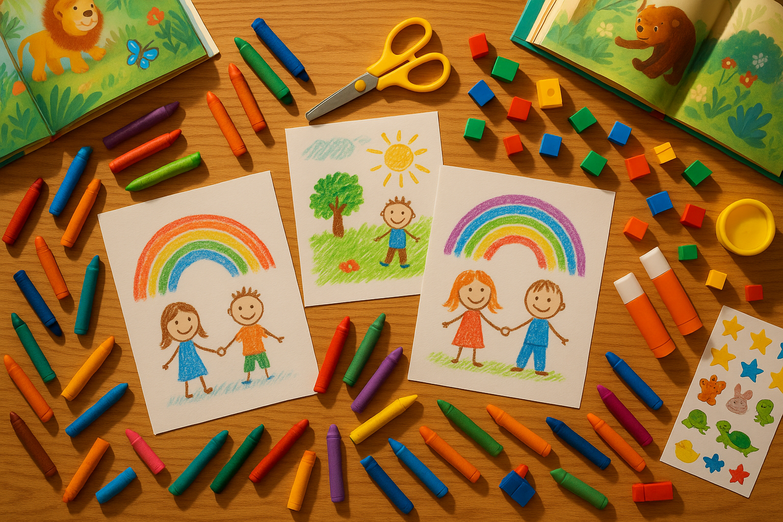 bureau vu de haut avec des activités pour enfants